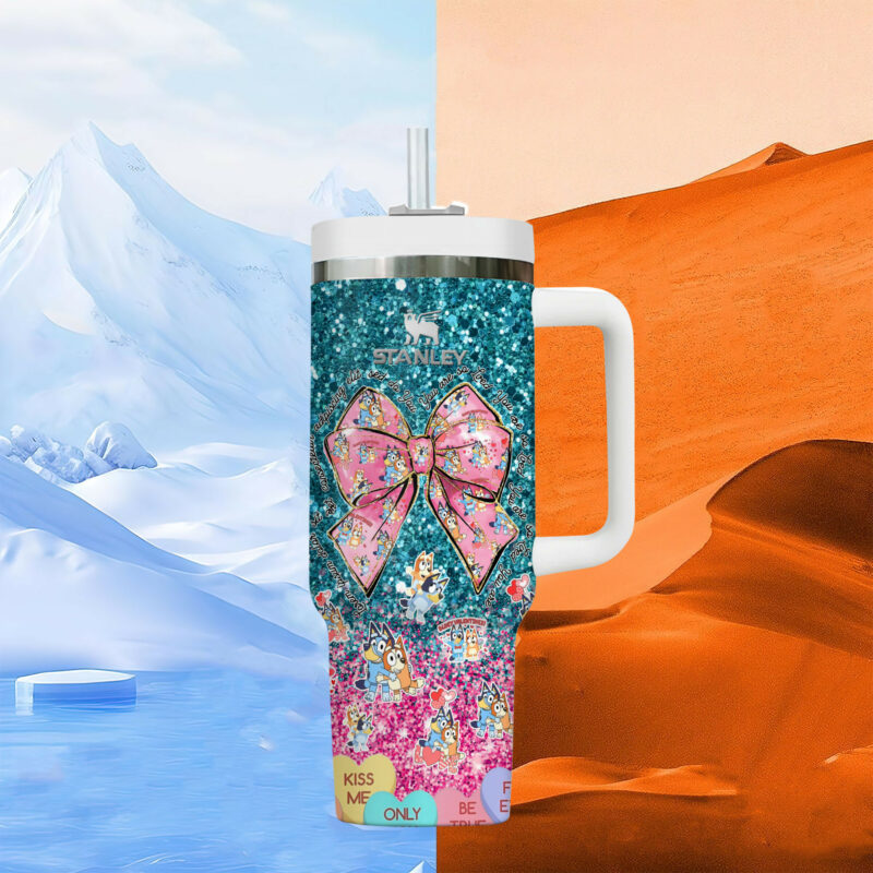 Bluey Cartoon Valentine Custom Stanley Quencher 40oz Stainless Steel Tumbler With Handle - Threewoofs - Image 3