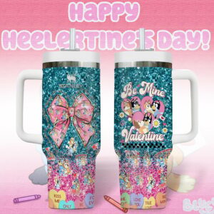 Bluey Cartoon Valentine Custom Stanley Quencher 40oz Stainless Steel Tumbler With Handle - Threewoofs