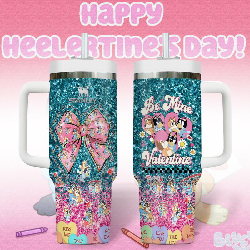 Bluey Cartoon Valentine Custom Stanley Quencher 40oz Stainless Steel Tumbler With Handle - Threewoofs