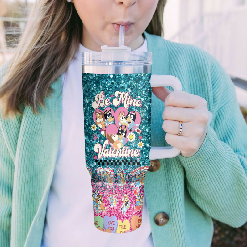 Bluey Cartoon Valentine Custom Stanley Quencher 40oz Stainless Steel Tumbler With Handle - Threewoofs - Image 4