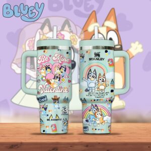 Bluey Cartoon Valentine Custom Stanley Quencher 40oz Stainless Steel Tumbler With Handle - Threewoofs