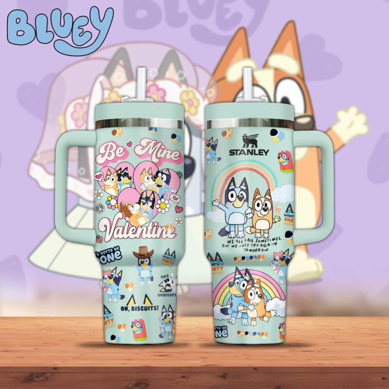 Bluey Cartoon Valentine Custom Stanley Quencher 40oz Stainless Steel Tumbler With Handle - Threewoofs