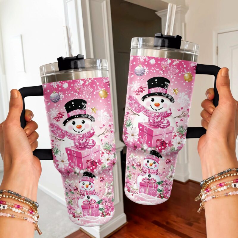 Blushing Snowman Christmas Custom Stanley Quencher 40oz Stainless Steel Tumbler With Handle - Threewoofs - Image 2