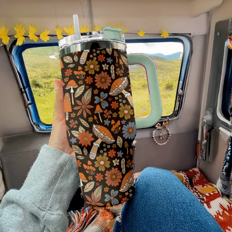 Boho Mushroom Bliss Custom Stanley Quencher 40oz Stainless Steel Tumbler With Handle - Threewoofs - Image 4