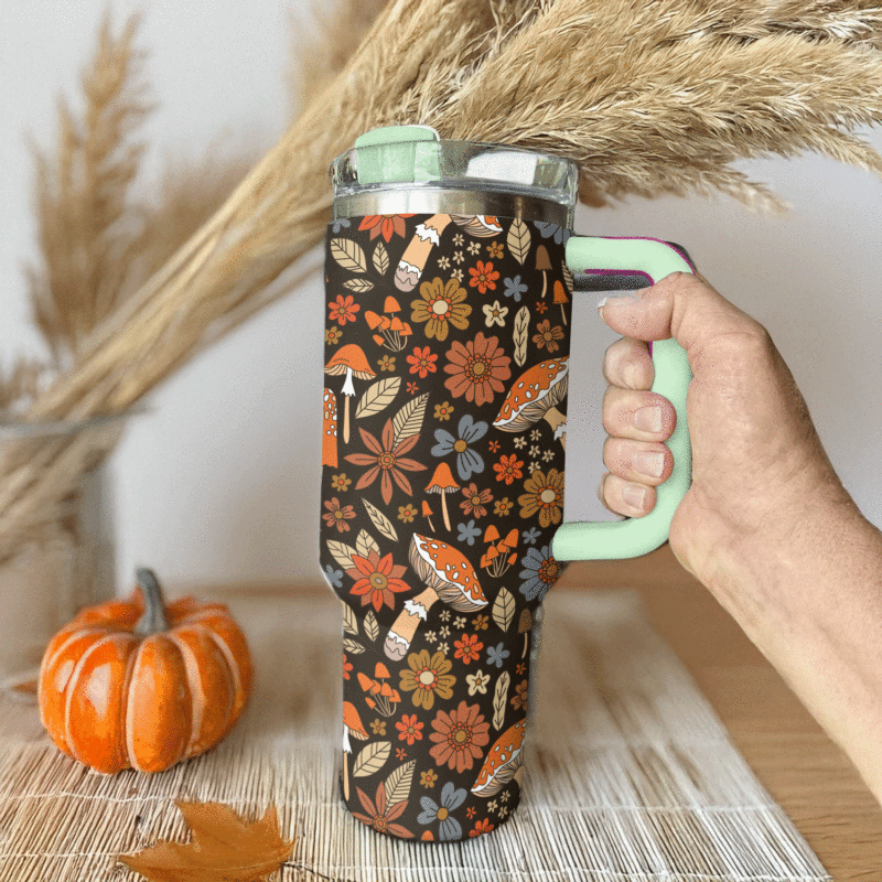 Boho Mushroom Bliss Custom Stanley Quencher 40oz Stainless Steel Tumbler With Handle - Threewoofs - Image 3