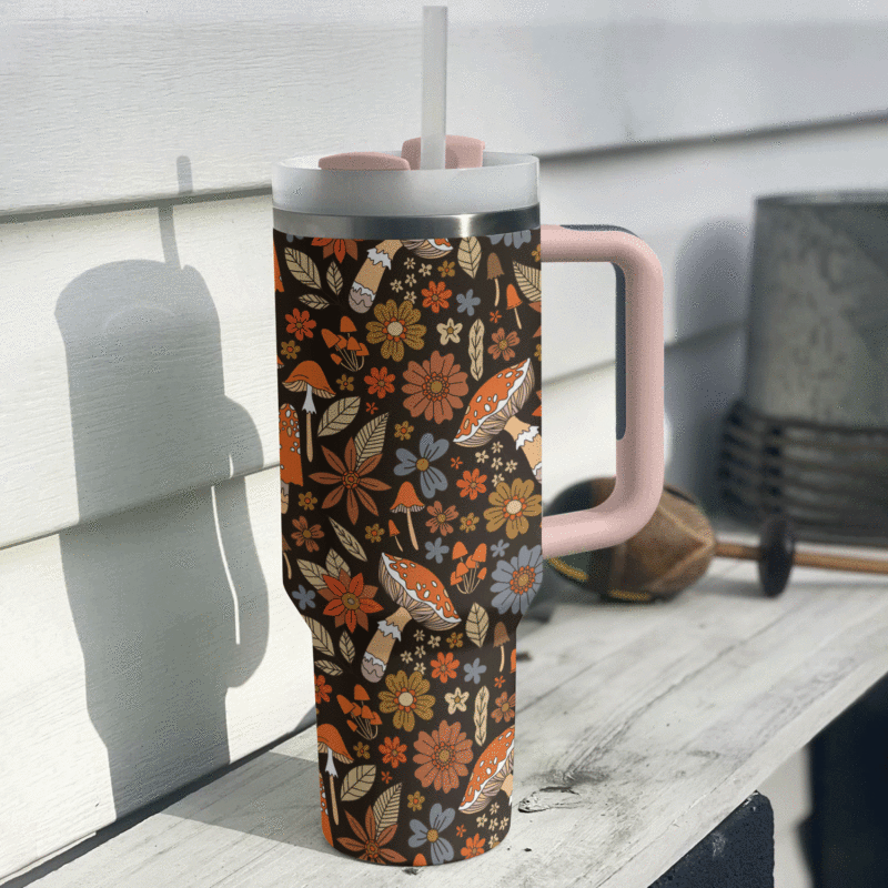 Boho Mushroom Bliss Custom Stanley Quencher 40oz Stainless Steel Tumbler With Handle - Threewoofs - Image 2