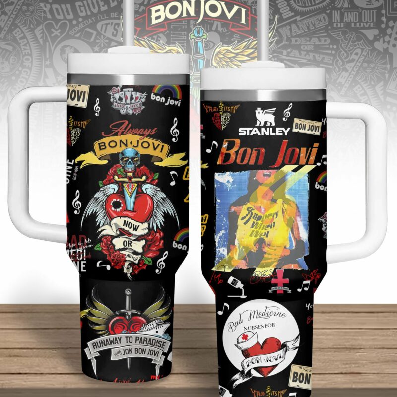 Bon Jovi Music Custom Stanley Quencher 40oz Stainless Steel Tumbler With Handle - Threewoofs