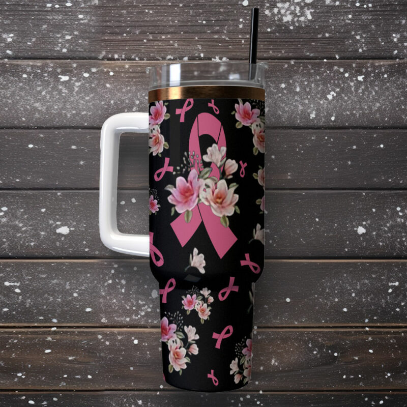 Breast Cancer Custom Stanley Quencher 40oz Stainless Steel Tumbler With Handle - Threewoofs - Image 2