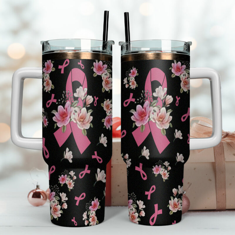 Breast Cancer Custom Stanley Quencher 40oz Stainless Steel Tumbler With Handle - Threewoofs - Image 4