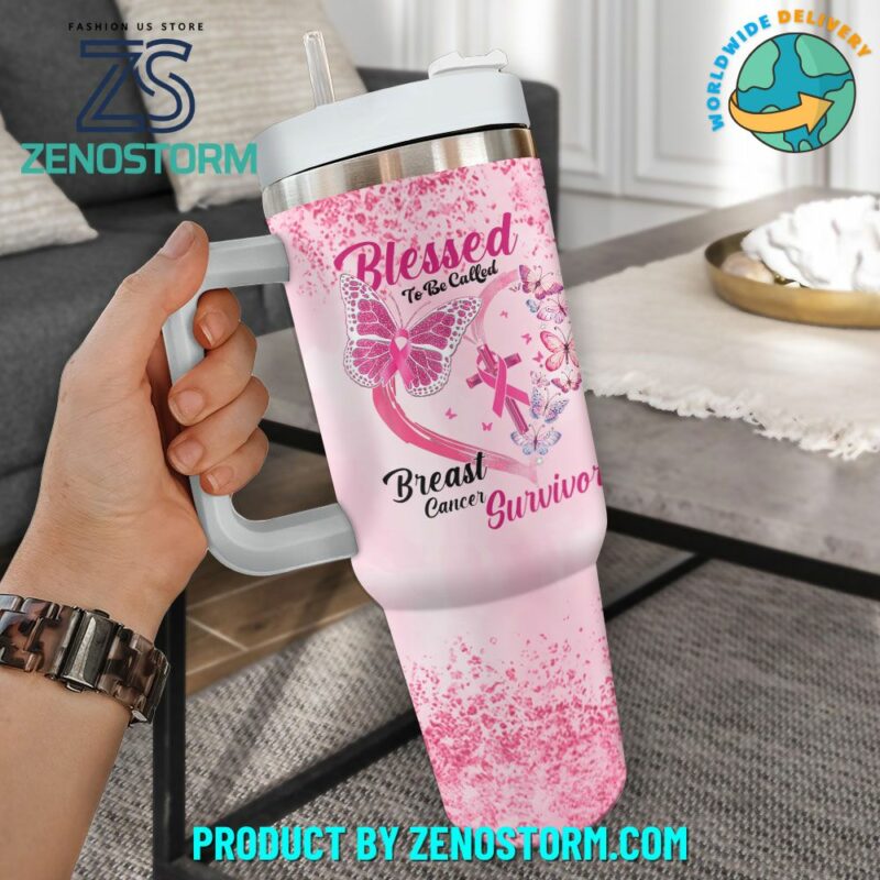 Breast Cancer Custom Stanley Quencher 40oz Stainless Steel Tumbler With Handle - Threewoofs - Image 2