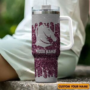 Brisbane Broncos NRL Sports Glitter Custom Stanley Quencher 40oz Stainless Steel Tumbler With Handle - Threewoofs