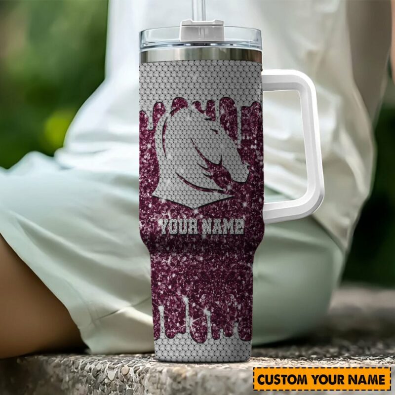Brisbane Broncos NRL Sports Glitter Custom Stanley Quencher 40oz Stainless Steel Tumbler With Handle - Threewoofs