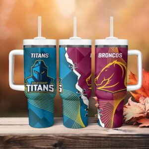 Broncos And Titans Rugby 2024 Dynamic Style Custom Stanley Quencher 40oz Stainless Steel Tumbler With Handle - Threewoofs