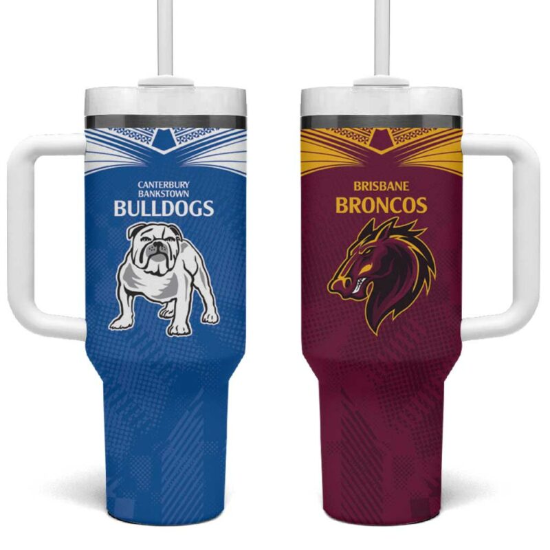 Broncos-Bulldogs NRL Tribal Half Style Custom Stanley Quencher 40oz Stainless Steel Tumbler With Handle - Threewoofs - Image 2