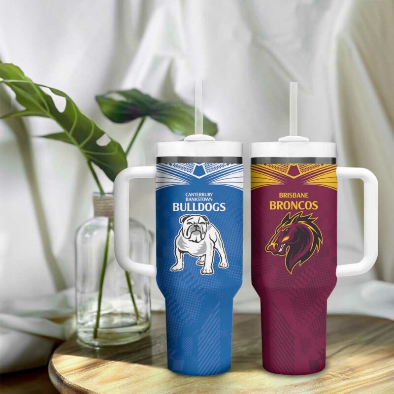 Broncos-Bulldogs NRL Tribal Half Style Custom Stanley Quencher 40oz Stainless Steel Tumbler With Handle - Threewoofs - Image 9