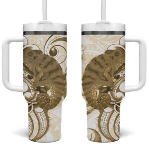 Brown And White Hawaii Chameleon Plumeria Polynesian Tribal Art Custom Stanley Quencher 40oz Stainless Steel Tumbler With Handle - Threewoofs