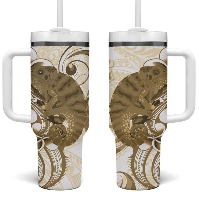 Brown And White Hawaii Chameleon Plumeria Polynesian Tribal Art Custom Stanley Quencher 40oz Stainless Steel Tumbler With Handle - Threewoofs