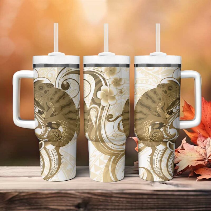 Brown And White Hawaii Chameleon Plumeria Polynesian Tribal Art Custom Stanley Quencher 40oz Stainless Steel Tumbler With Handle - Threewoofs - Image 4