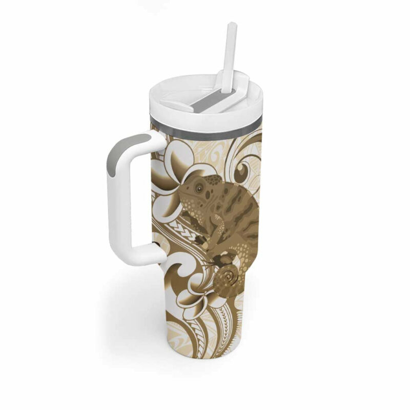 Brown And White Hawaii Chameleon Plumeria Polynesian Tribal Art Custom Stanley Quencher 40oz Stainless Steel Tumbler With Handle - Threewoofs - Image 2