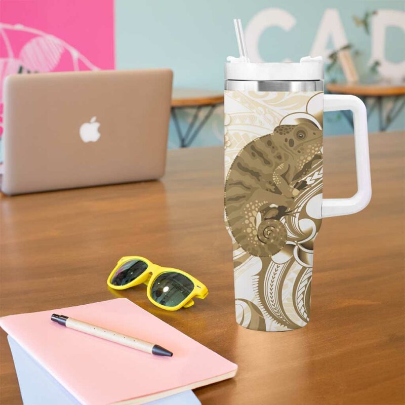 Brown And White Hawaii Chameleon Plumeria Polynesian Tribal Art Custom Stanley Quencher 40oz Stainless Steel Tumbler With Handle - Threewoofs - Image 5