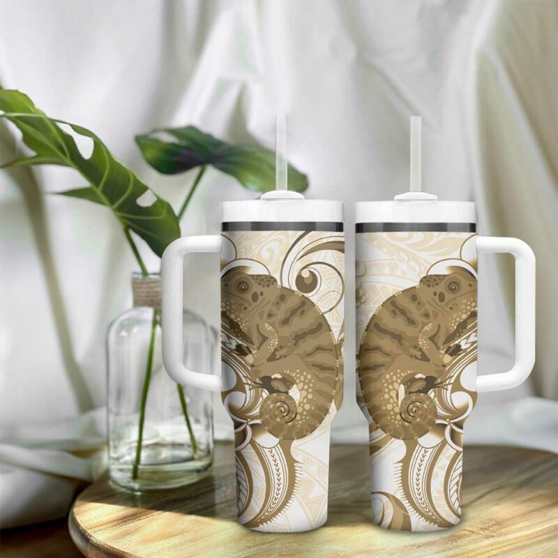 Brown And White Hawaii Chameleon Plumeria Polynesian Tribal Art Custom Stanley Quencher 40oz Stainless Steel Tumbler With Handle - Threewoofs - Image 9