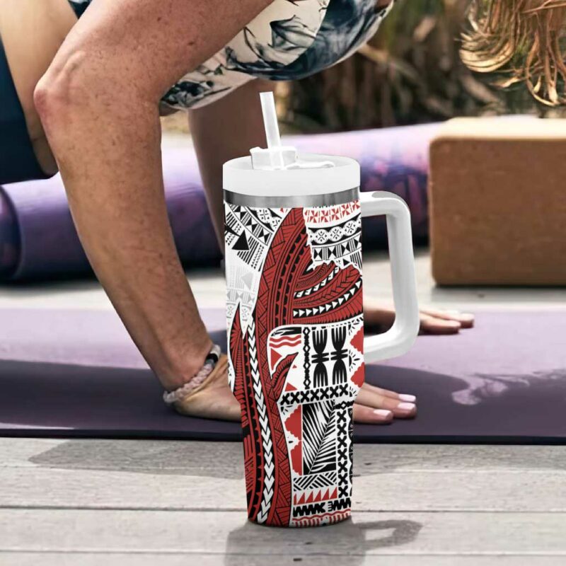 Bula Fiji Shark Tail White Masi Tapa Custom Stanley Quencher 40oz Stainless Steel Tumbler With Handle - Threewoofs - Image 6