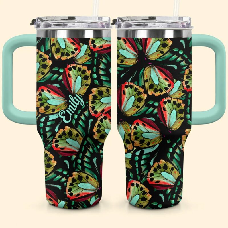 Butterfly Colorful Wings Custom Stanley Quencher 40oz Stainless Steel Tumbler With Handle - Threewoofs - Image 2