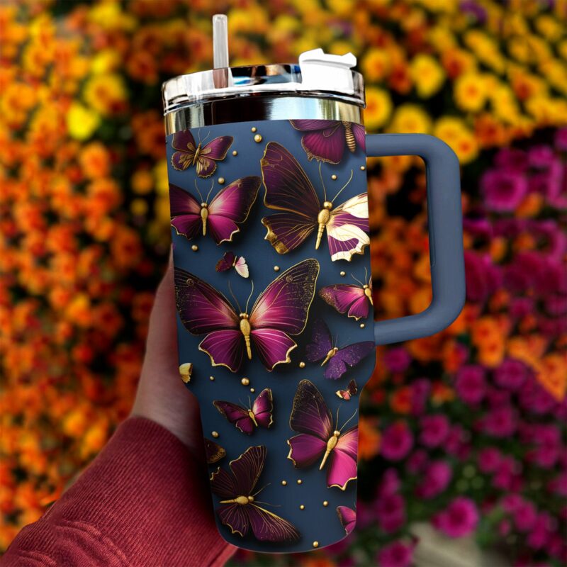 Butterfly Golden Wings Custom Stanley Quencher 40oz Stainless Steel Tumbler With Handle - Threewoofs - Image 2