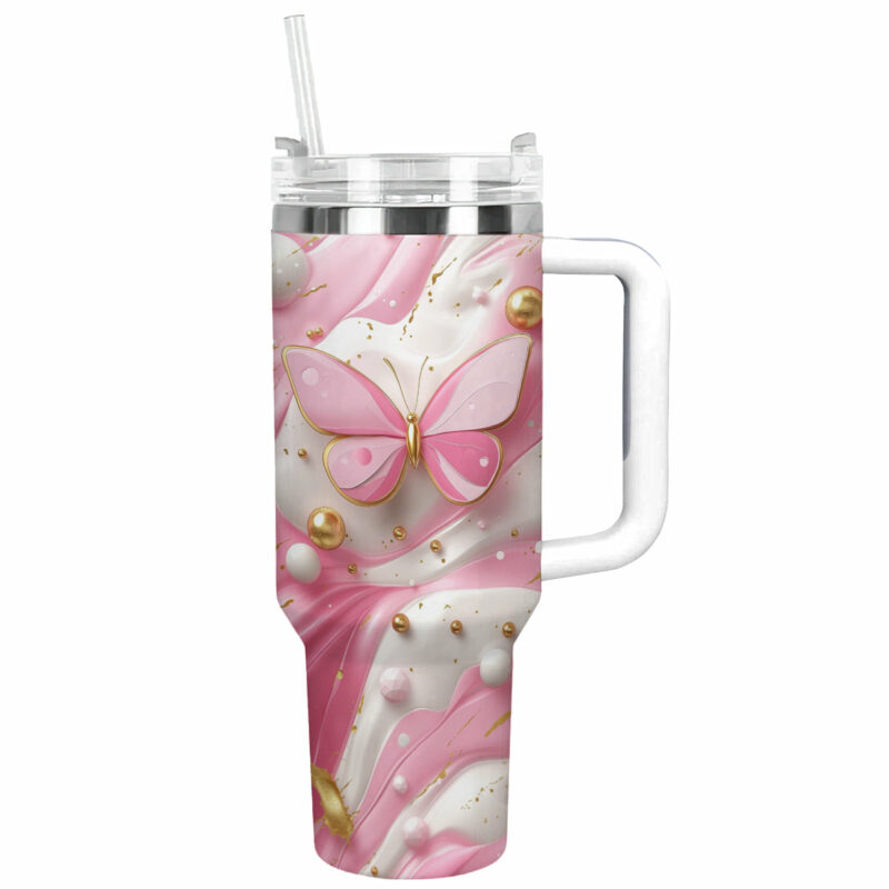 Butterfly Pink Custom Stanley Quencher 40oz Stainless Steel Tumbler With Handle - Threewoofs
