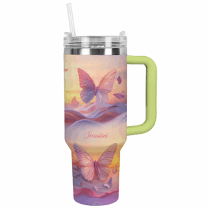 Butterfly Pink Custom Stanley Quencher 40oz Stainless Steel Tumbler With Handle - Threewoofs