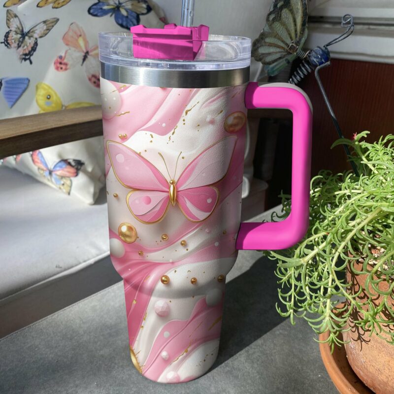 Butterfly Pink Custom Stanley Quencher 40oz Stainless Steel Tumbler With Handle - Threewoofs - Image 4