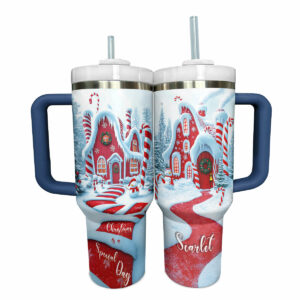 Candy Cane Cottage Christmas Custom Stanley Quencher 40oz Stainless Steel Tumbler With Handle - Threewoofs