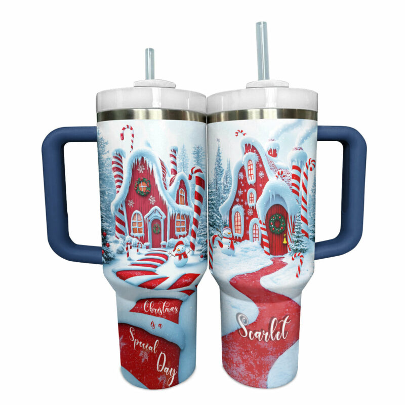 Candy Cane Cottage Christmas Custom Stanley Quencher 40oz Stainless Steel Tumbler With Handle - Threewoofs