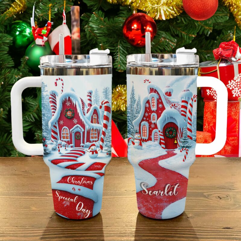 Candy Cane Cottage Christmas Custom Stanley Quencher 40oz Stainless Steel Tumbler With Handle - Threewoofs - Image 3