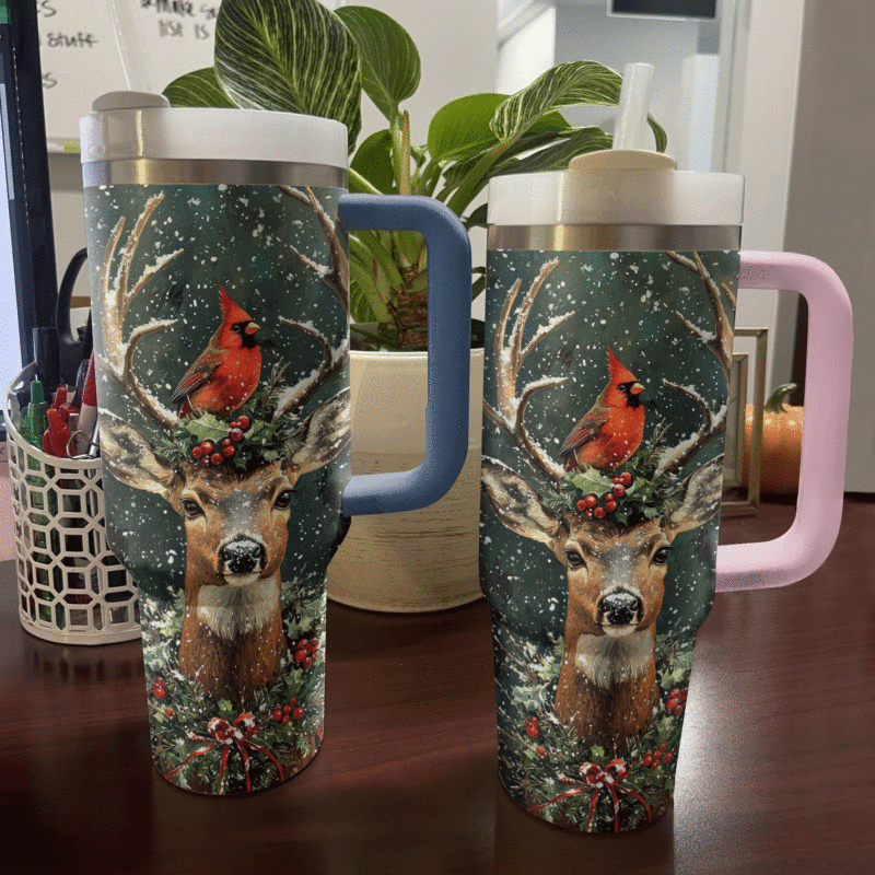 Cardinal And Deer Majesty Holiday Christmas Custom Stanley Quencher 40oz Stainless Steel Tumbler With Handle - Threewoofs - Image 3