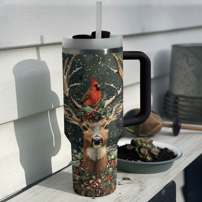 Cardinal And Deer Majesty Holiday Christmas Custom Stanley Quencher 40oz Stainless Steel Tumbler With Handle - Threewoofs - Image 2