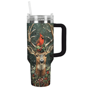 Cardinal And Deer Majesty Holiday Christmas Custom Stanley Quencher 40oz Stainless Steel Tumbler With Handle - Threewoofs