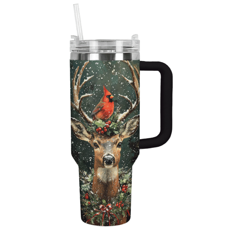 Cardinal And Deer Majesty Holiday Christmas Custom Stanley Quencher 40oz Stainless Steel Tumbler With Handle - Threewoofs