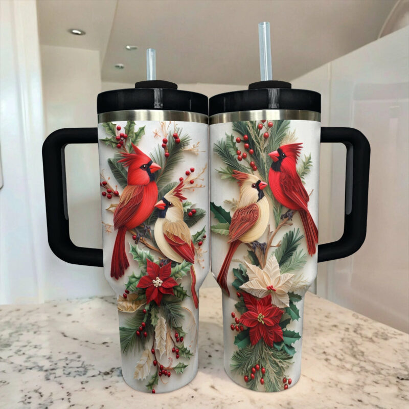 Cardinal Christmas Love Custom Stanley Quencher 40oz Stainless Steel Tumbler With Handle - Threewoofs - Image 2