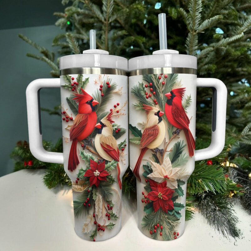 Cardinal Christmas Love Custom Stanley Quencher 40oz Stainless Steel Tumbler With Handle - Threewoofs - Image 4