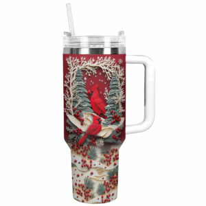 Cardinal Winter Wonderland Custom Stanley Quencher 40oz Stainless Steel Tumbler With Handle - Threewoofs