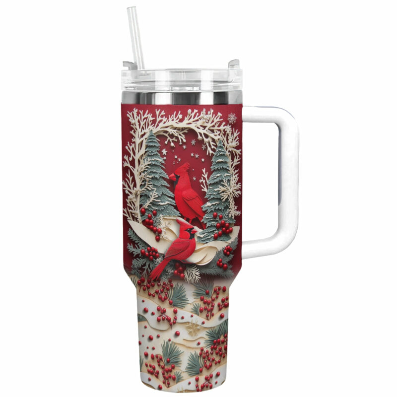 Cardinal Winter Wonderland Custom Stanley Quencher 40oz Stainless Steel Tumbler With Handle - Threewoofs