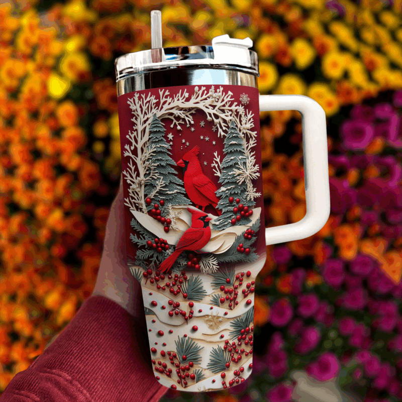 Cardinal Winter Wonderland Custom Stanley Quencher 40oz Stainless Steel Tumbler With Handle - Threewoofs - Image 3