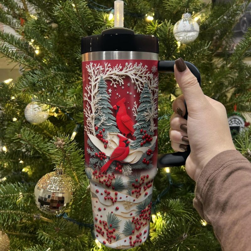 Cardinal Winter Wonderland Custom Stanley Quencher 40oz Stainless Steel Tumbler With Handle - Threewoofs - Image 4