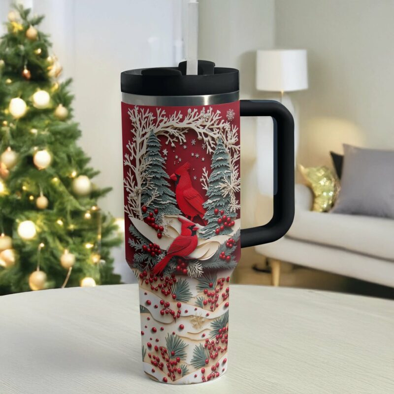 Cardinal Winter Wonderland Custom Stanley Quencher 40oz Stainless Steel Tumbler With Handle - Threewoofs - Image 2