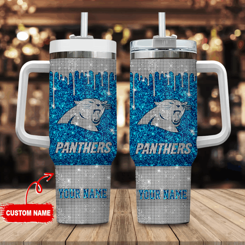 Carolina Panthers NFL Glitter Custom Stanley Quencher 40oz Stainless Steel Tumbler With Handle - Threewoofs