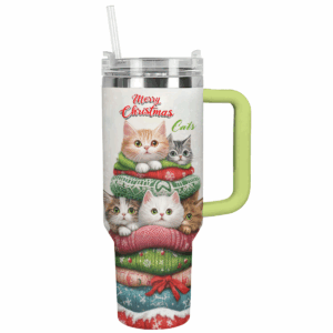 Cat Christmas Custom Stanley Quencher 40oz Stainless Steel Tumbler With Handle - Threewoofs