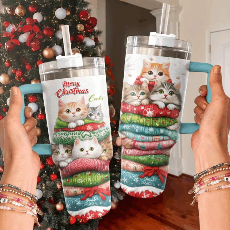 Cat Christmas Custom Stanley Quencher 40oz Stainless Steel Tumbler With Handle - Threewoofs - Image 3