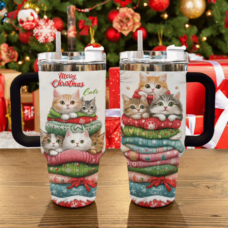 Cat Christmas Custom Stanley Quencher 40oz Stainless Steel Tumbler With Handle - Threewoofs - Image 4