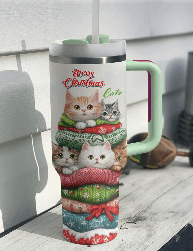 Cat Christmas Custom Stanley Quencher 40oz Stainless Steel Tumbler With Handle - Threewoofs - Image 2